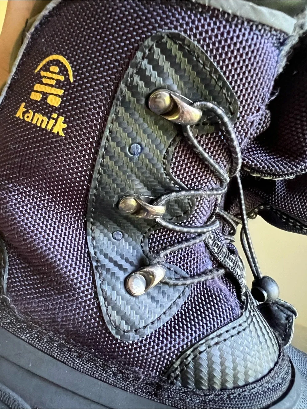 Kamik Kids Snow Boots in Black and Navy/Purple with Gray Fleece Collar